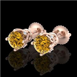 1.26 CTW Intense Fancy Yellow Diamond Art Deco Stud Earrings 18K Rose Gold - REF-127T3X - 37792