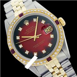 Rolex Men's Two Tone 14K Gold/SS, QuickSet, Diam Dial & Diam/Ruby Bezel - REF-474F5M