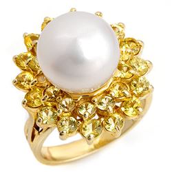 3.0 CTW Yellow Sapphire & Pearl Ring 10K Yellow Gold - REF-70F9M - 10349