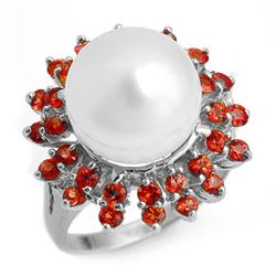 1.50 CTW Red Sapphire & Pearl Ring 18K White Gold - REF-95T3X - 10446
