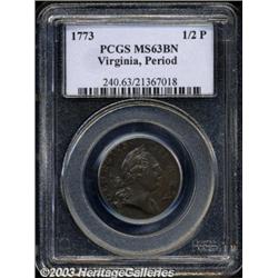 1773 1/2P Virginia Halfpenny, Period MS63 Brown