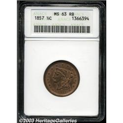 1857 1/2 C MS63 Red and Brown ANACS.