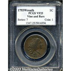 1793 1C Wreath Cent--Vine and Bars--VF25 PCGS.