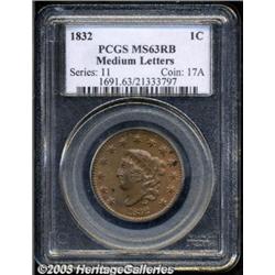 1832 1C Medium Letters MS63 Red and Brown PCGS.