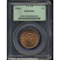 1855 1C Upright 5s MS65 Red PCGS.