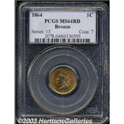 1864 1C Bronze No L MS64 Red PCGS.
