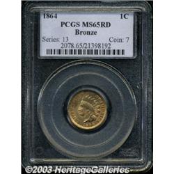 1864 1C Bronze No L MS65 Red PCGS.