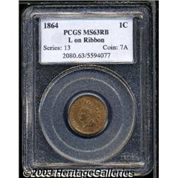 1864 1C L On Ribbon MS63 Red and Brown PCGS.