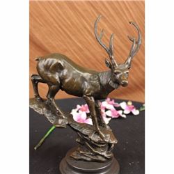 Elk Deer Buck Wildlife Bronze Sculpture on Marble Base Statue