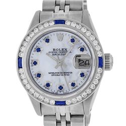 Rolex Ladies Stainless Steel Mother Of Pearl Sapphire And Diamond Datejust Wrist