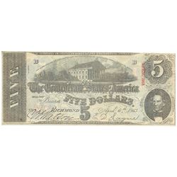 1863 $5 The Confederate States of America Note T-60 CC