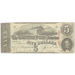 1863 $5 The Confederate States of America Note T-60 CC