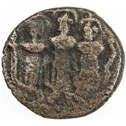 ARAB-BYZANTINE: Three Standing Figures, ca. 695-705, AE fals (2.96g), Tabariya, ND. F