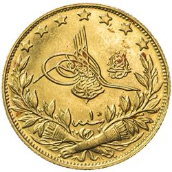 TURKEY: Mehmet V, 1909-1918, AV 100 kurus (7.19g), Kostantiniye, AH1327 year 10. EF-AU