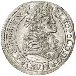HUNGARY: Leopold I, 1657-1705, AR 15 krajczar (6.65g), Kormoczbanya, 1682-KB. AU