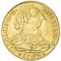 SPAIN: Carlos III, 1759-1788, AV 4 escudos (13.46g), Madrid, 1786-M. VF-EF