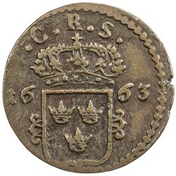 SWEDEN: Karl XI, 1660-1697, AE ore, 1663. F-VF
