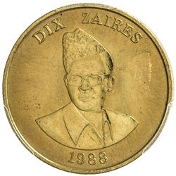 ZAIRE: brass 10 zaires, 1988. PCGS SP66