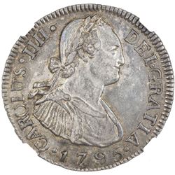 GUATEMALA: Carlos IV, 1788-1808, AR 2 reales, 1795-NG. NGC AU58