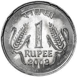 INDIA: rupee (4.93g), 2002(c), KM-92.2, Kolkata mint, reverse brockage, Unc.
