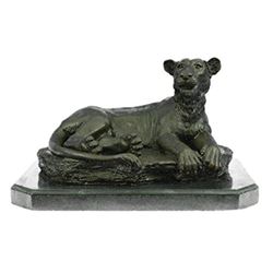 Female African Wildlife Lion Bronze Sculpture on Marble Base Statue