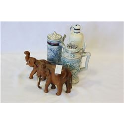 CARVED ELEPHANTS AND BEER STEINS
