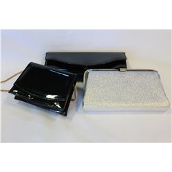 TWO PATENT PURSES WITH CHAIN HANDLES AND SILVER CLUTCH PURSE