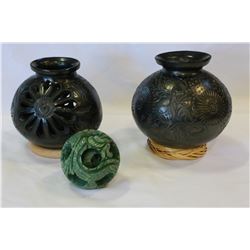 2 MEXICAN CLAY POTS AND JADE CARVED BALL