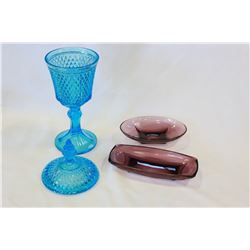 15" BLUE DIAMOND LIDDED PEDESTLE MINT DISH AND TWO AMETHYST CANDY DISHES