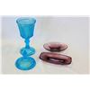 Image 1 : 15" BLUE DIAMOND LIDDED PEDESTLE MINT DISH AND TWO AMETHYST CANDY DISHES