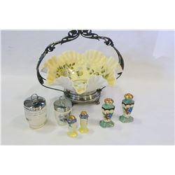 EGG CODDLERS SALT AND PEPPERS AND FLUTED HANDLE BASKET AS IS