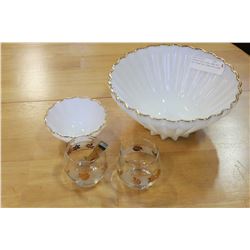 VINTAGE MILK GLASS BOWL SET AND CREAM AND SUGAR WITH TONGS
