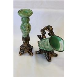 DECORATIVE POTTERY CANDLESTICK AND DECORATIVE PITCHER