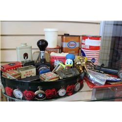 LOT OF COLLECTIBLE OIL AND GAS TINS AND TRAY OF COLLECTIBLES