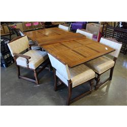 OAK BASE TRESTLE TABLE WITH 3 LEAFS AND 6 CHAIRS