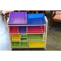 WHITE CRAFTS SHELF WITH COLORED BASKETS