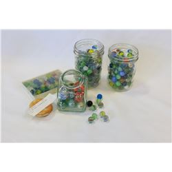 LOT OF JARS OF MARBLES AND COBS