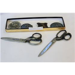 VINTAGE SCISSORS + LOT OF BELT BUCKLES
