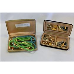 3 BEADED NECKLACES IN CASE AND CASE WITH CONTENTS