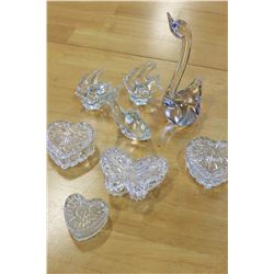 FOUR CRYSTAL PAPER WEIGHTS AND LIDDED KEEPERS