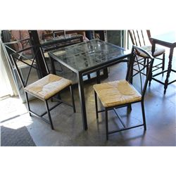 SMALL SQUARE GLASSTOP PATIO TABLE AND TWO CHAIRS
