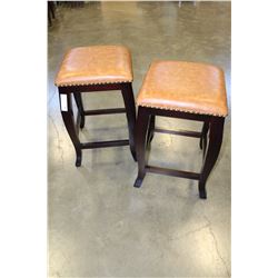 PAIR OF STUDDED LEATHER MAHOGANY FINISH STOOLS