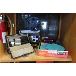 SHELF LOT OF CAMERAS REELS ETC