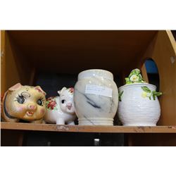 SHELF LOT OF PIGGY BANKS EASTERN STONE URN ETC