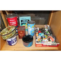 COLLECTIBLE KITCHEN TINS AND TRAY OF COLLECTIBLE BUTTONS