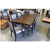 Image 1 : BRAND NEW FLOOR MODEL ESPRESSO FINISH COUNTRY STYLENDINING TABLE WITH LEAF AND EIGHT FABRIC AND BRAS