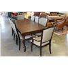 Image 2 : BRAND NEW FLOOR MODEL ESPRESSO FINISH COUNTRY STYLENDINING TABLE WITH LEAF AND EIGHT FABRIC AND BRAS
