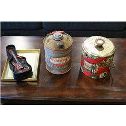 VINTAGE TIN ICE BUCKET AND SMALL PICTURE AND COLLECTIBLE MINITURE GUITAR