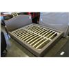 Image 1 : BRAND NEW QUEENSIZE HUNTINGTON BEDFRAME PLATFORM STYLE WITH STUDDED BRASS ACCENT IN GREY FABRIC RETA