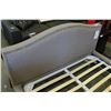Image 3 : BRAND NEW QUEENSIZE HUNTINGTON BEDFRAME PLATFORM STYLE WITH STUDDED BRASS ACCENT IN GREY FABRIC RETA